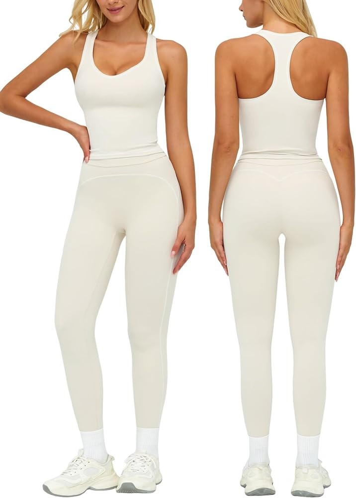 QBGJTD Womens Workout Set Two Piece Racerback Color Block Tank Top High Waist Leggings Gym Pilate... | Amazon (US)