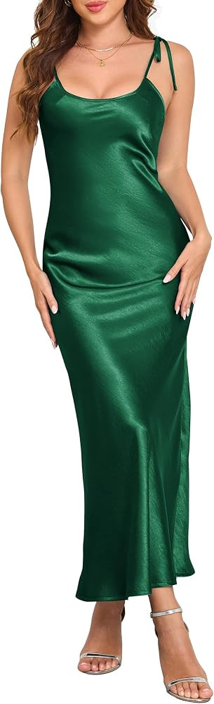 Womens Spaghetti Strap Satin Silk Tie Strap Maxi Dresses Summer Party Cocktail Formal Wedding Gue... | Amazon (US)