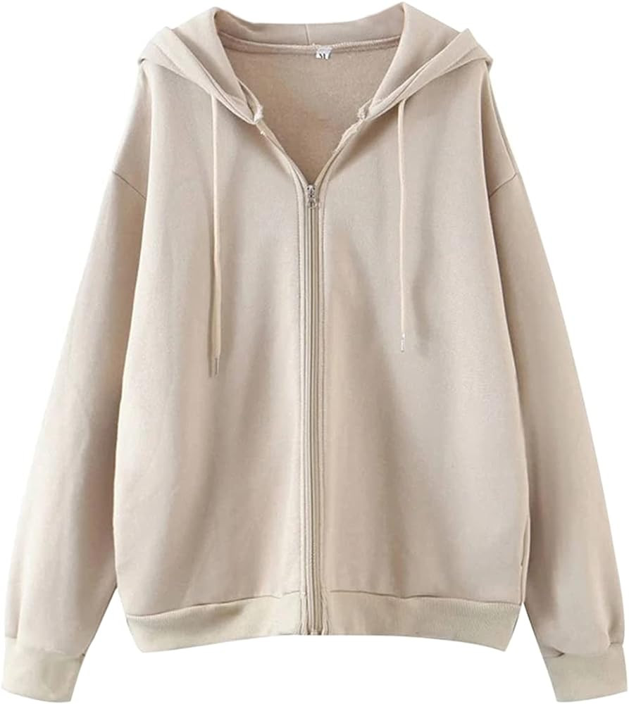 Meladyan Women Oversized Solid Zip Up Hoodie Drawstring Hooded Long Sleeve Fleece Vintage Sweatsh... | Amazon (US)