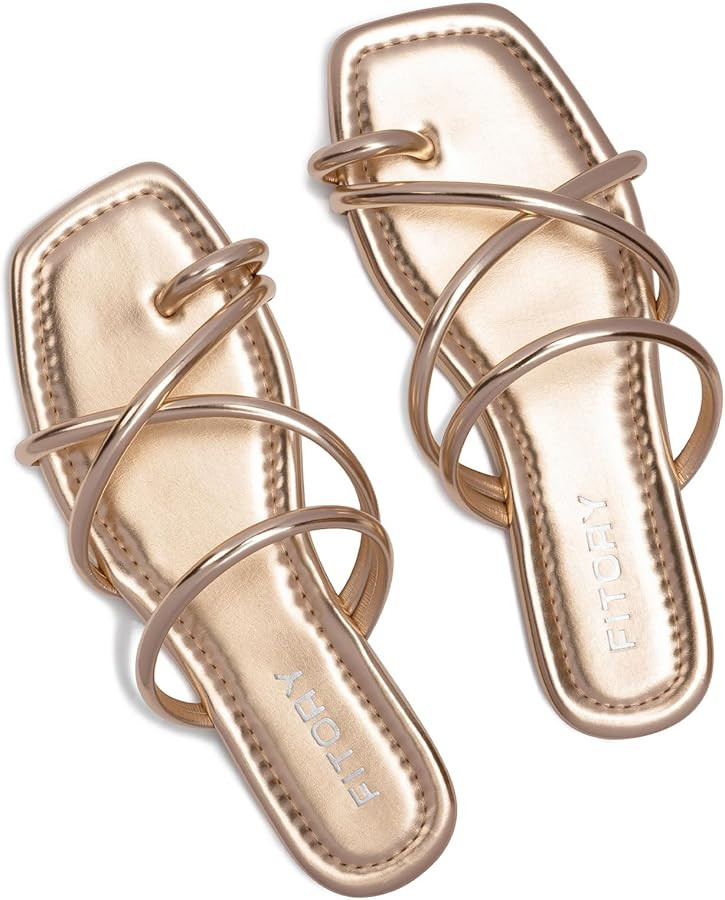 FITORY Women's Slide Sandals Flat Toe Ring Thongs with Cross Strap for Summer Size | Amazon (US)