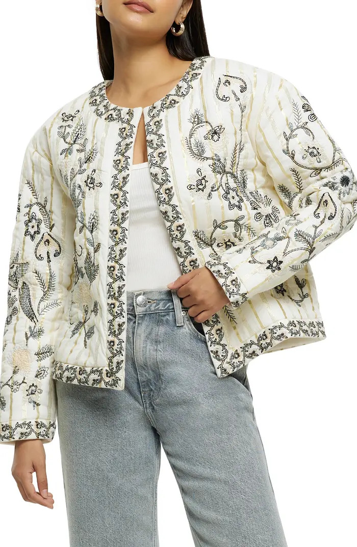 Floral Embroidered Metallic Stripe Jacket | Nordstrom
