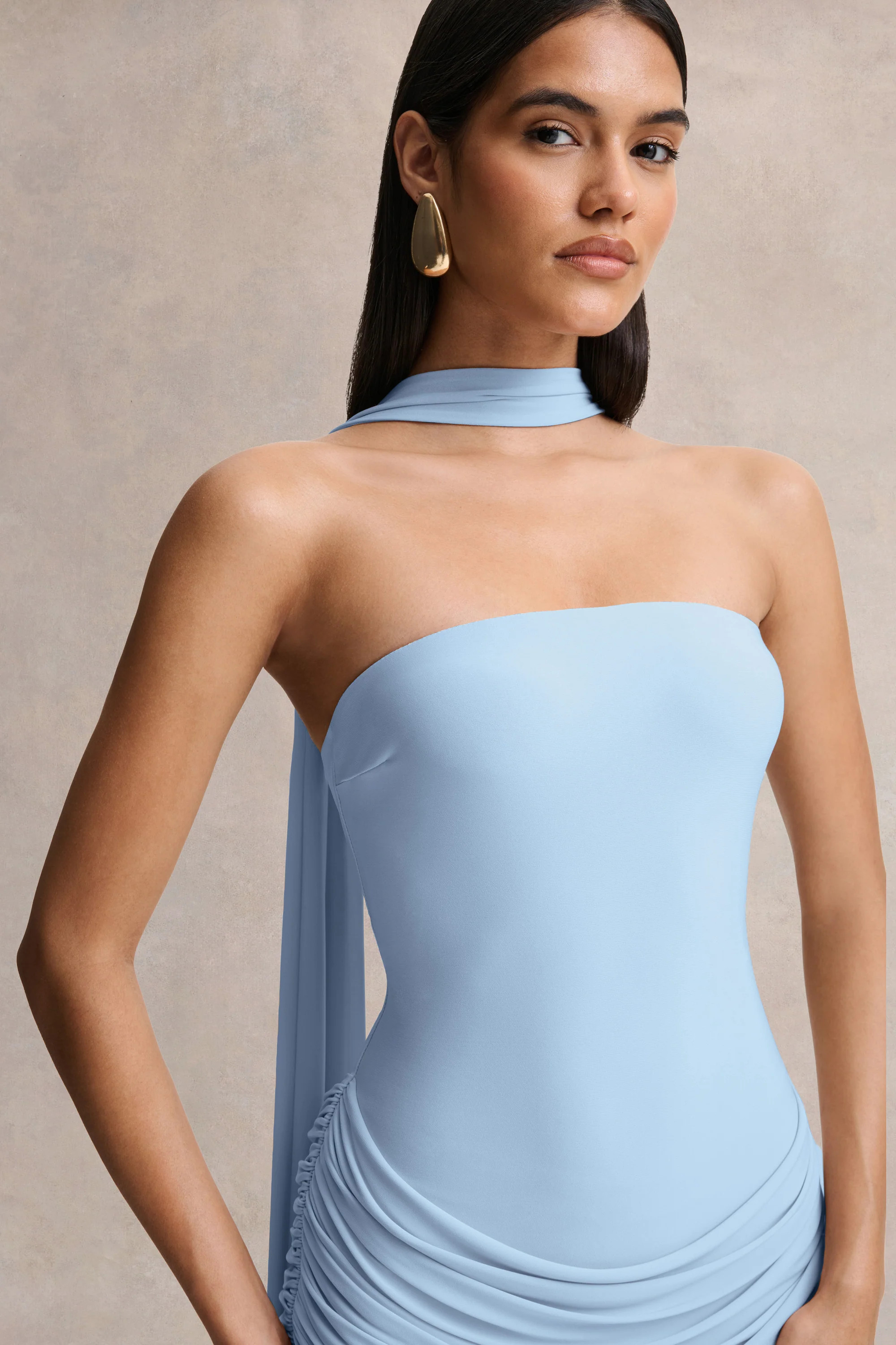 Graciella | Light Blue Bandeau Maxi Dress With Draped Detailing And Sc | Club L London