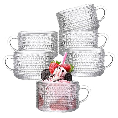 Hyuetrsa 6 Pcs Vintage Coffee Mugs,14 oz Clear Embossed Glass Cups with Handle, Vintage Glassware for Cappuccino, Latte, Cereal, Yogurt, Beverage Christmas | Amazon (US)