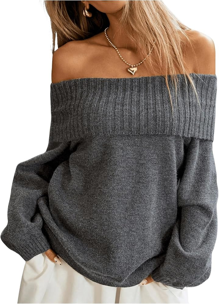 Verdusa Women's Off The Shoulder Sweater Foldover Long Sleeve Loose Knitted Pullovers | Amazon (US)