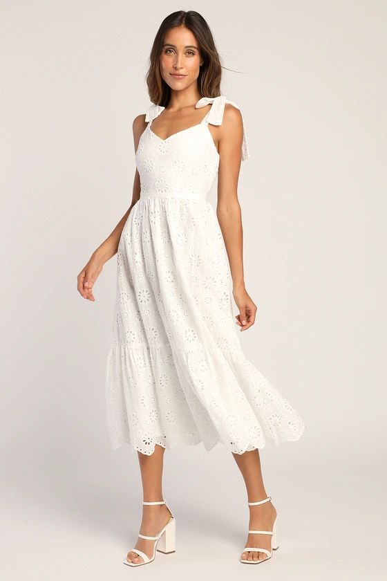 Perfect Vacation White Eyelet Embroidery Tie-Strap Midi Dress | Lulus (US)
