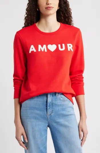 Caslon® Amour Graphic Sweatshirt in Red Goji White Amour at Nordstrom Rack, Size Large | Nordstrom Rack