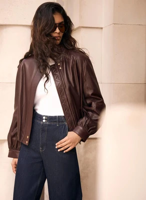Burgundy Leather Ultimate Funnel Neck Bomber Jacket | Mint Velvet
