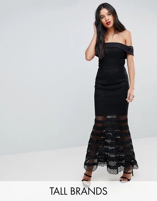 Jarlo Tall Allover Lace Bardot Midi Dress With Fluted Hem | ASOS US