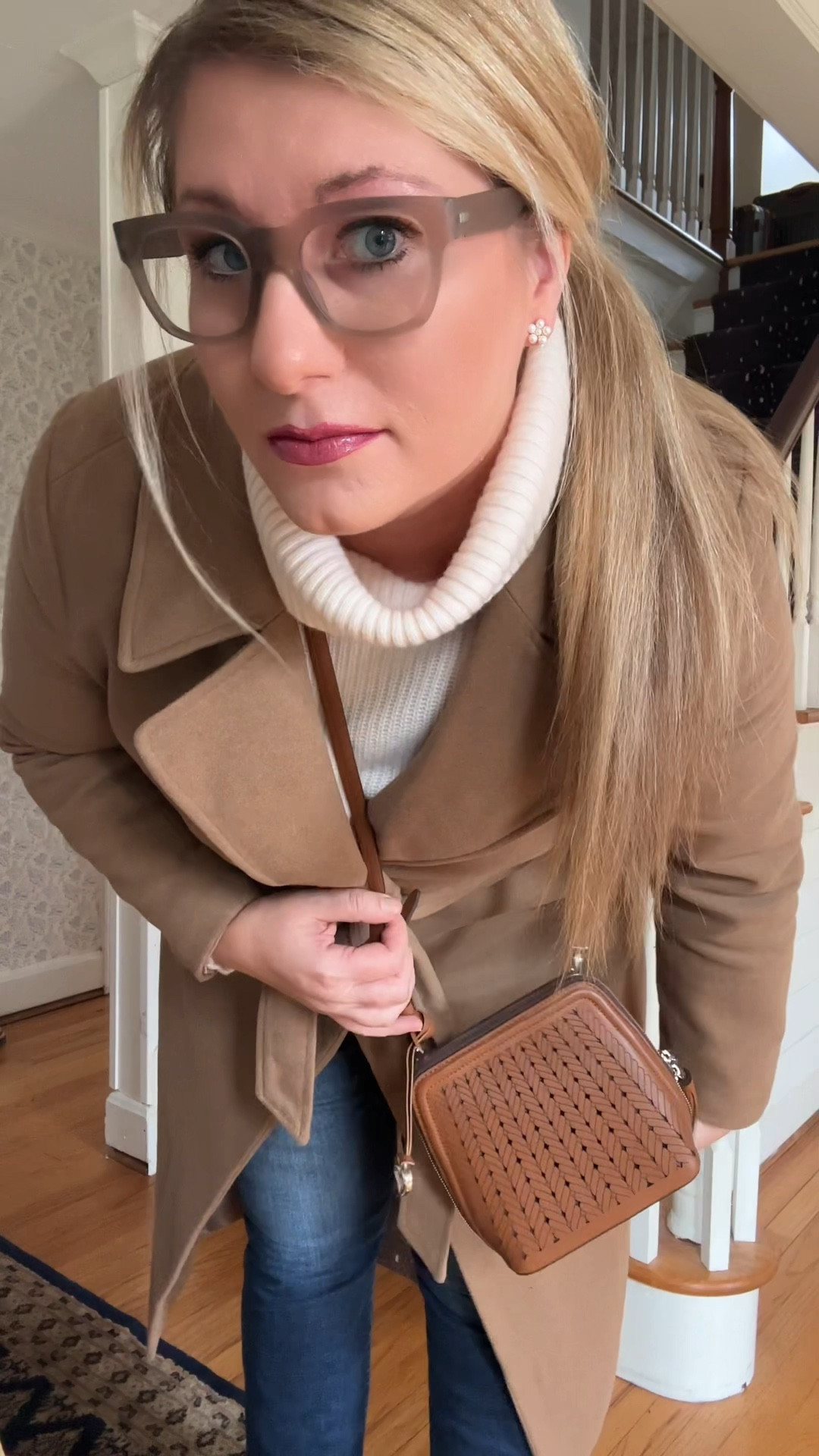 Todays off work weekend outfit for running my Friday errands. Camel wrap coat comes in a great plaid too, cashmere turtle neck cream extra 20% off the sale price, high waisted dark wash jeans with split hem in tall, Brighton leather crossbody bag, light weight readers, veja camel sneakers

#LTKover40 #LTKVideo #LTKsalealert