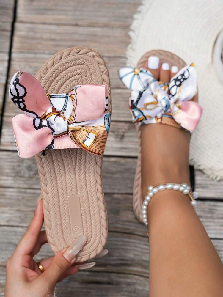 Women's Flat Sandals, Natural Rope & Bowknot Design, Comfortable For Summer Valentines Pink Metal... | SHEIN
