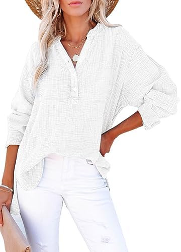 Dokotoo Womens Casual Button V Neck Long Sleeve Shirts Oversized Solid Blouses Tops | Amazon (US)