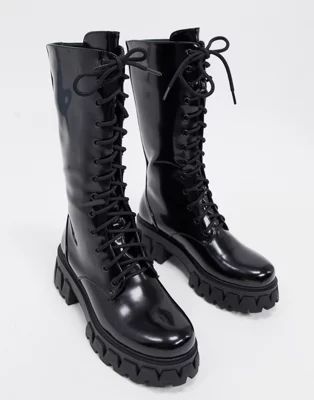 Koi Footwear Trinity vegan lace up mid calf boot in black | ASOS (Global)