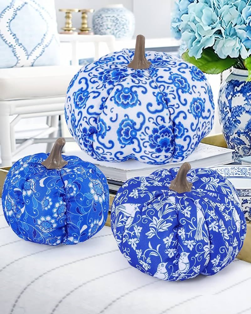3PCS Chinoiserie Pumpkins Blue and White Stuffed Fabric Pumpkins Farmhouse Blue Floral Pumpkins f... | Amazon (US)