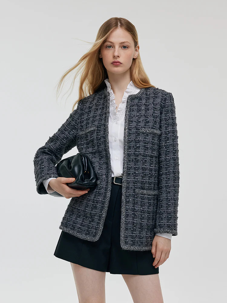 Wool Sequins Tweed Women Jacket | GOELIA
