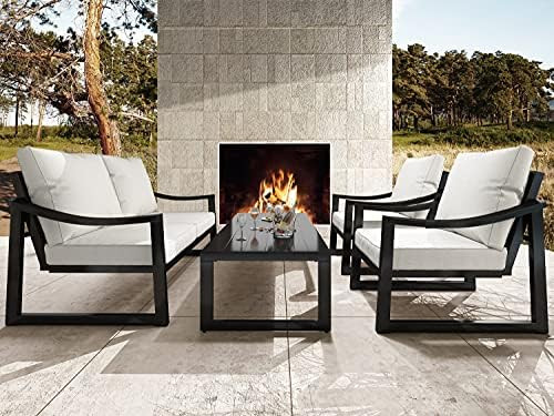 Amolife 4 Pieces Patio Furniture Set Outdoors Sofas, Modern Metal Loveseat and Chair with Beige C... | Amazon (US)