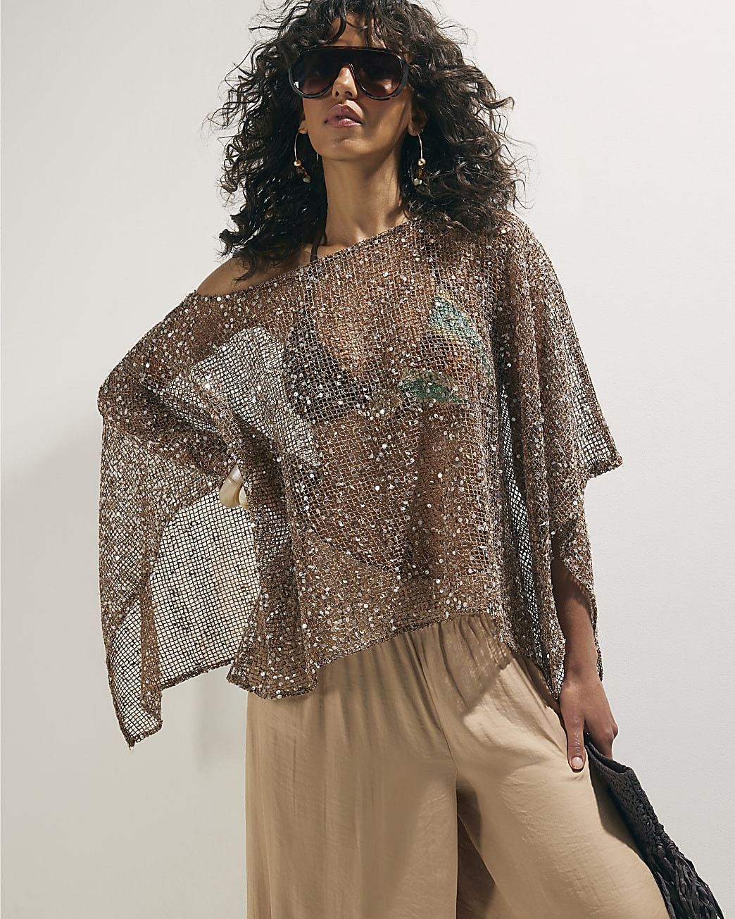 Gold Sequin Knitted Cape | River Island UK & IE
