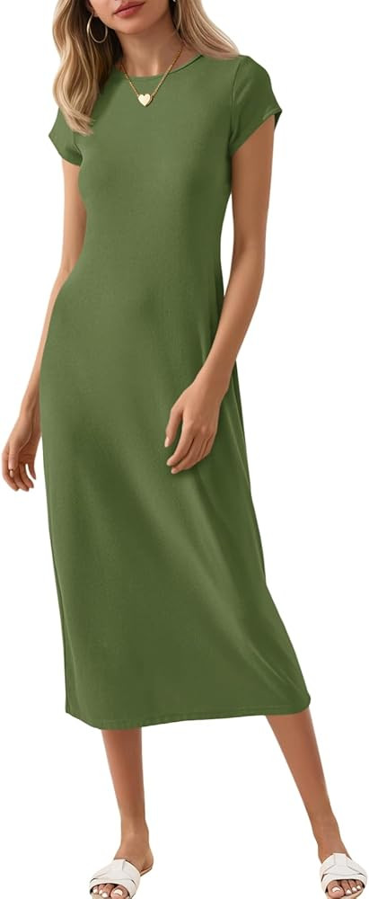 Wenrine Women's Short Sleeve T-Shirt Dress Summer Crew Neck Basic Solid Casual Long Midi Dresses | Amazon (US)