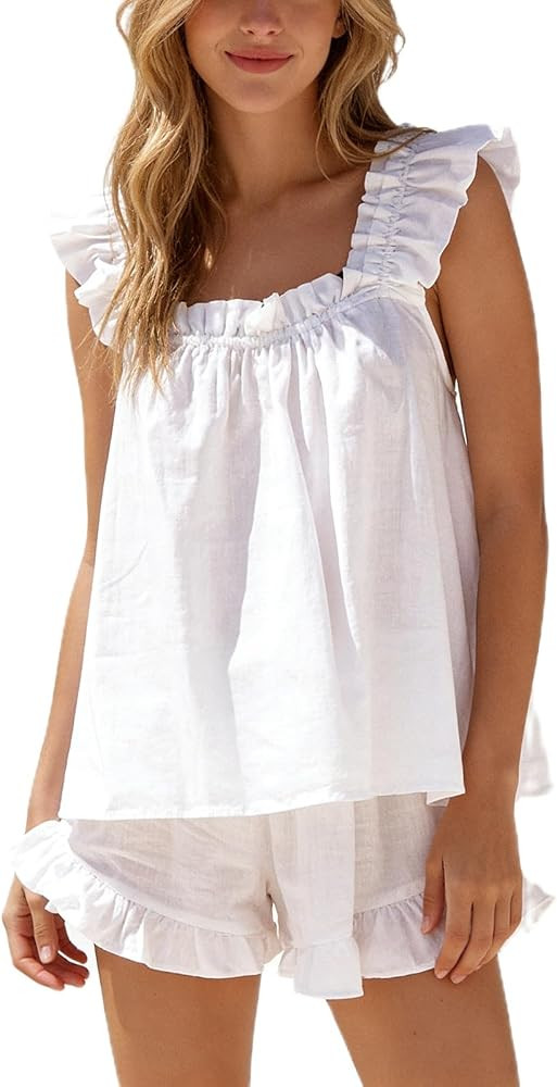FOMOYUU Womens Summer Pajama Sets Sleeveless Sleepwear Ruffle Trim Tank Top + Shorts 2 Piece Outf... | Amazon (US)
