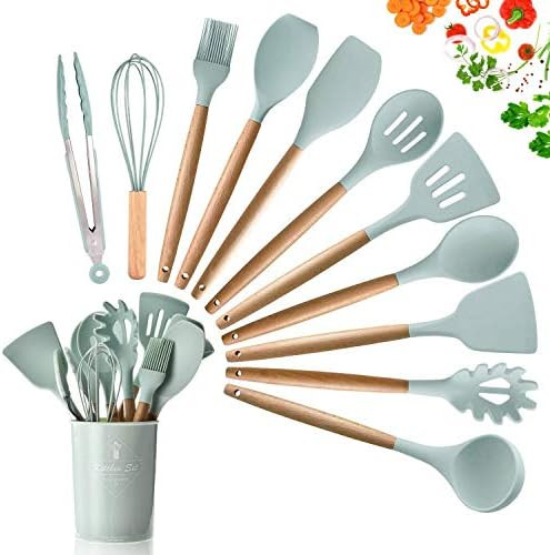 Kitchen Utensil Set 11 PCS，Premium Wooden Handle Silicone Cooking Utensils,BPA-Free, Green Incl... | Amazon (UK)