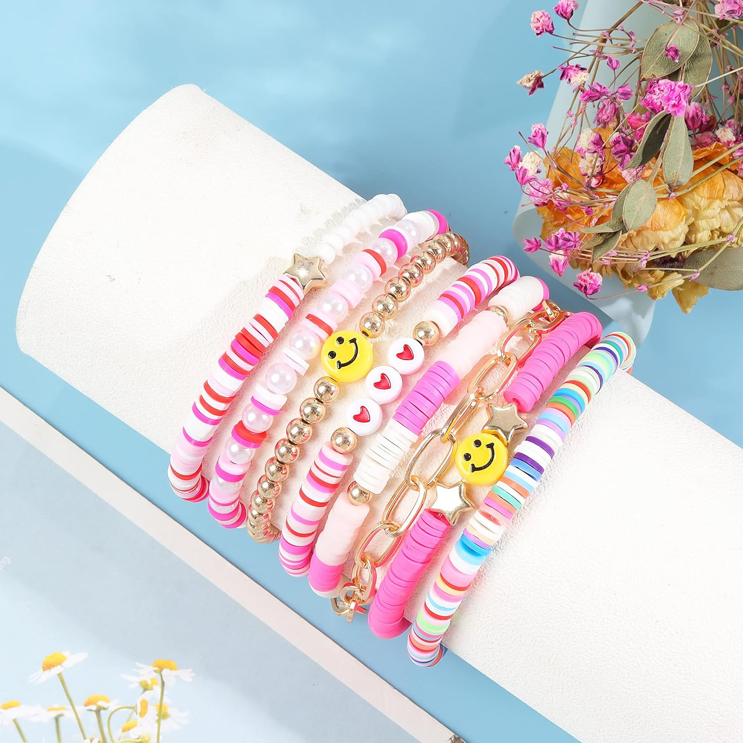 Colorful Preppy Smile Face Bracelets for Women Beaded Stretch Bracelets for Teen Girls Evil Eye Pear | Amazon (US)