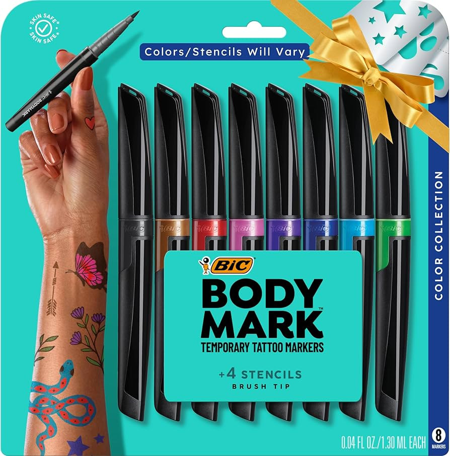 BIC BodyMark Temporary Tattoo Markers for Skin (MTBP81-AST), Color Collection, Flexible Brush Tip... | Amazon (US)