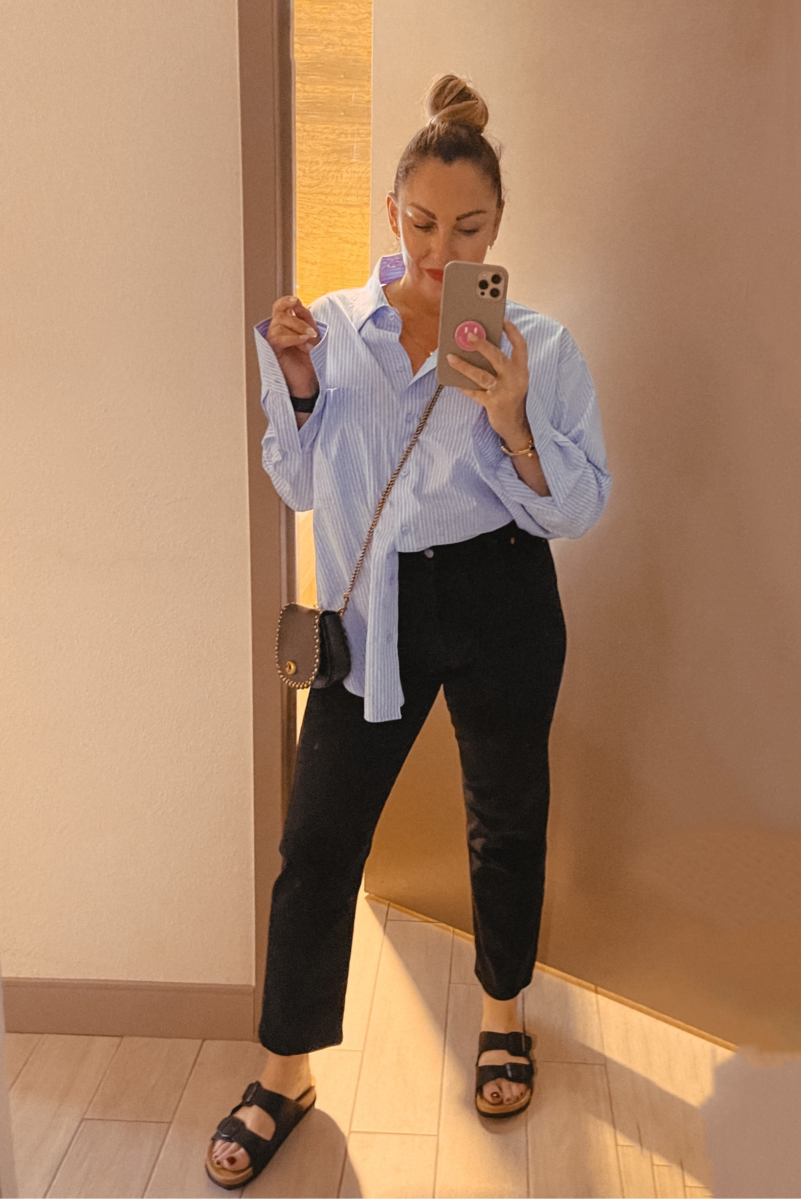 French tuck. Blue shirt. Striped shirt. Levis. Black jeans. Mango fashion. Coach. Fall style. Amazon Fashion. Sandals.

#fallstyle #blueshirt #stripedshirt #levis 

#LTKunder50 #LTKshoecrush #LTKstyletip