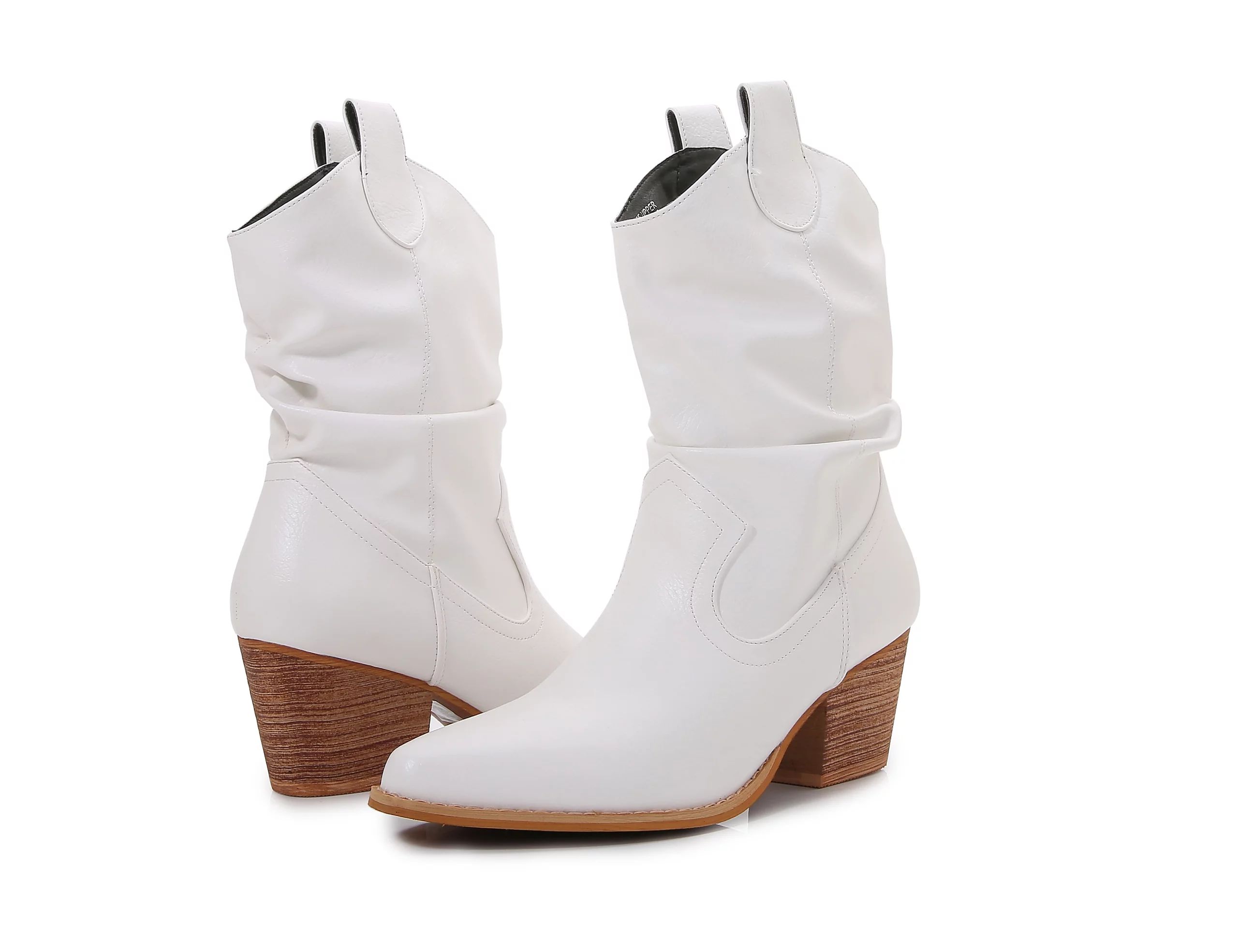 Premium PU Leather Wooden Heel Long Chelsea Boots (White, 8) | Walmart (US)