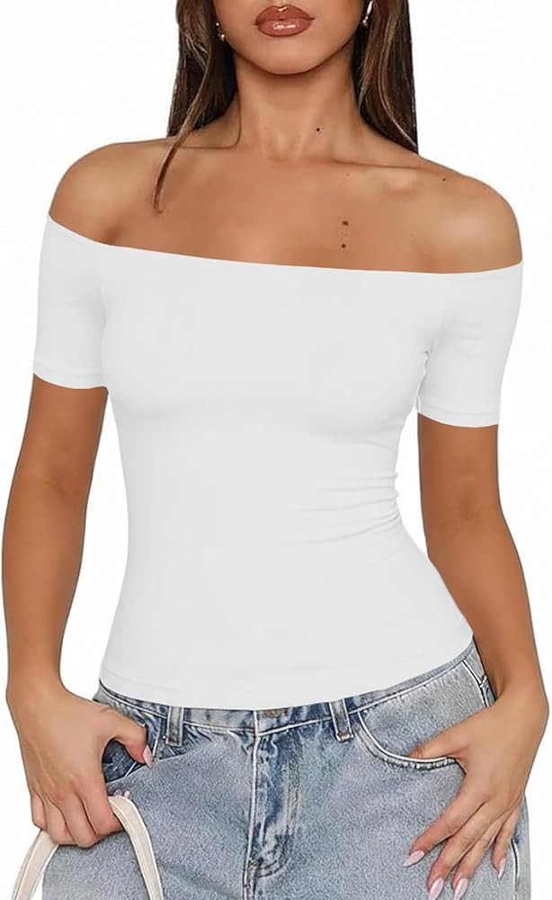 Fisoew Off The Shoulder Tops for Women - Going Out Summer Short Sleeve Shirts Cute Y2k Sexy 2026 ... | Amazon (US)