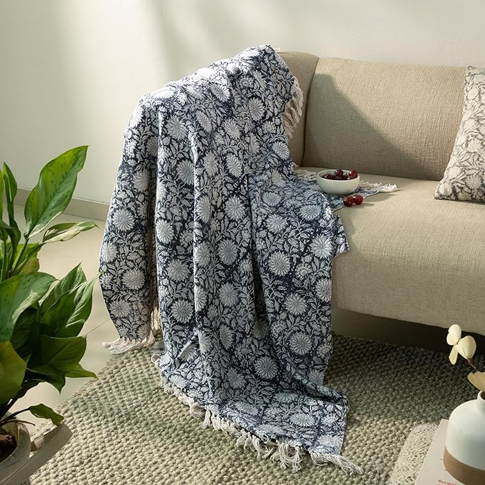 100% Pure Cotton Handblock Printed Throw Blanket, Soft 50" x 60" Fringed Floral Print Throw for C... | Amazon (US)
