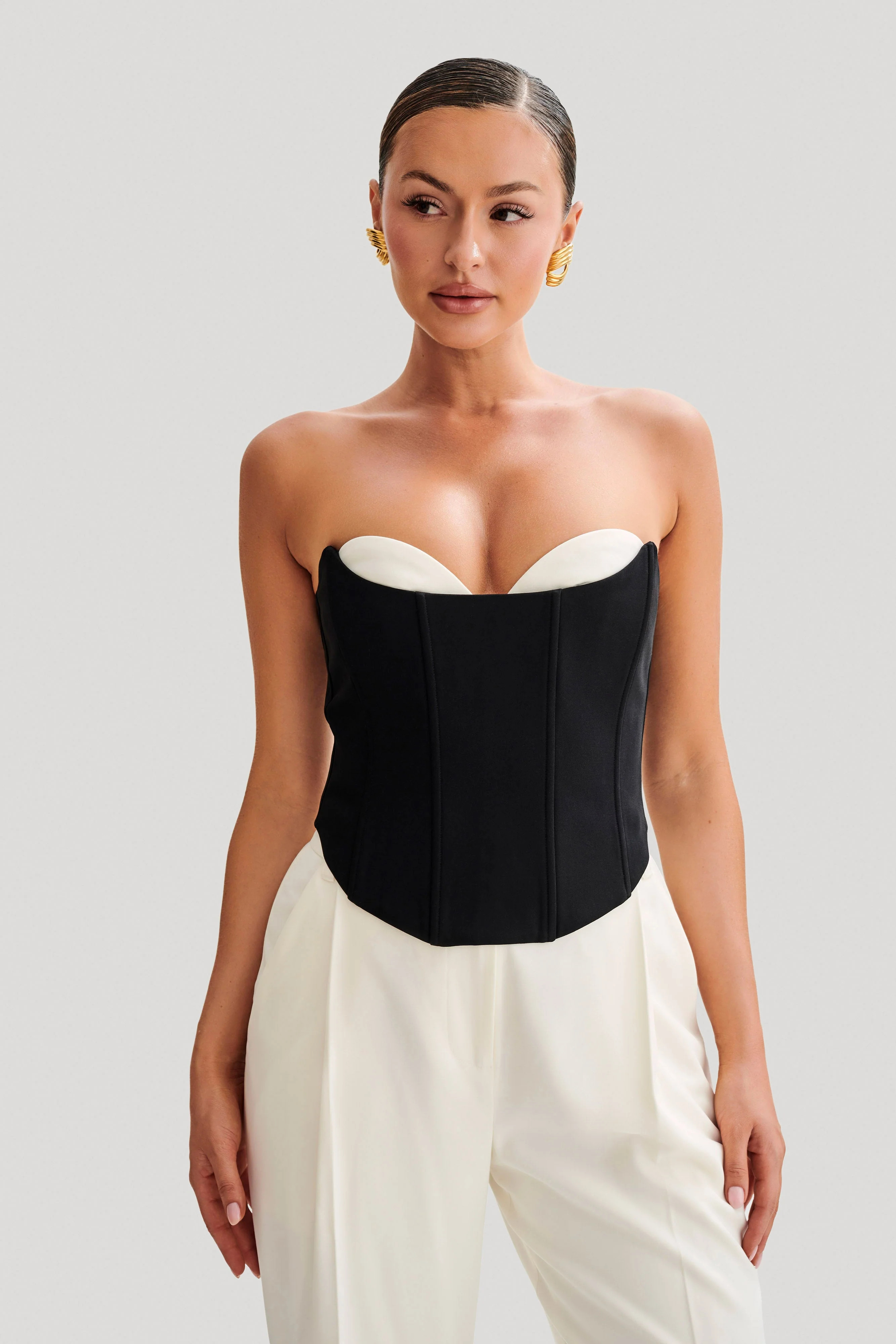 Oceane Contrast Suiting Strapless Corset - Black | MESHKI US