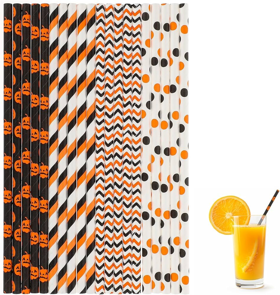 100PCS Halloween Paper Straws, 4 Mixed Styles Orange Black White Halloween Theme Paper Straws, De... | Amazon (US)