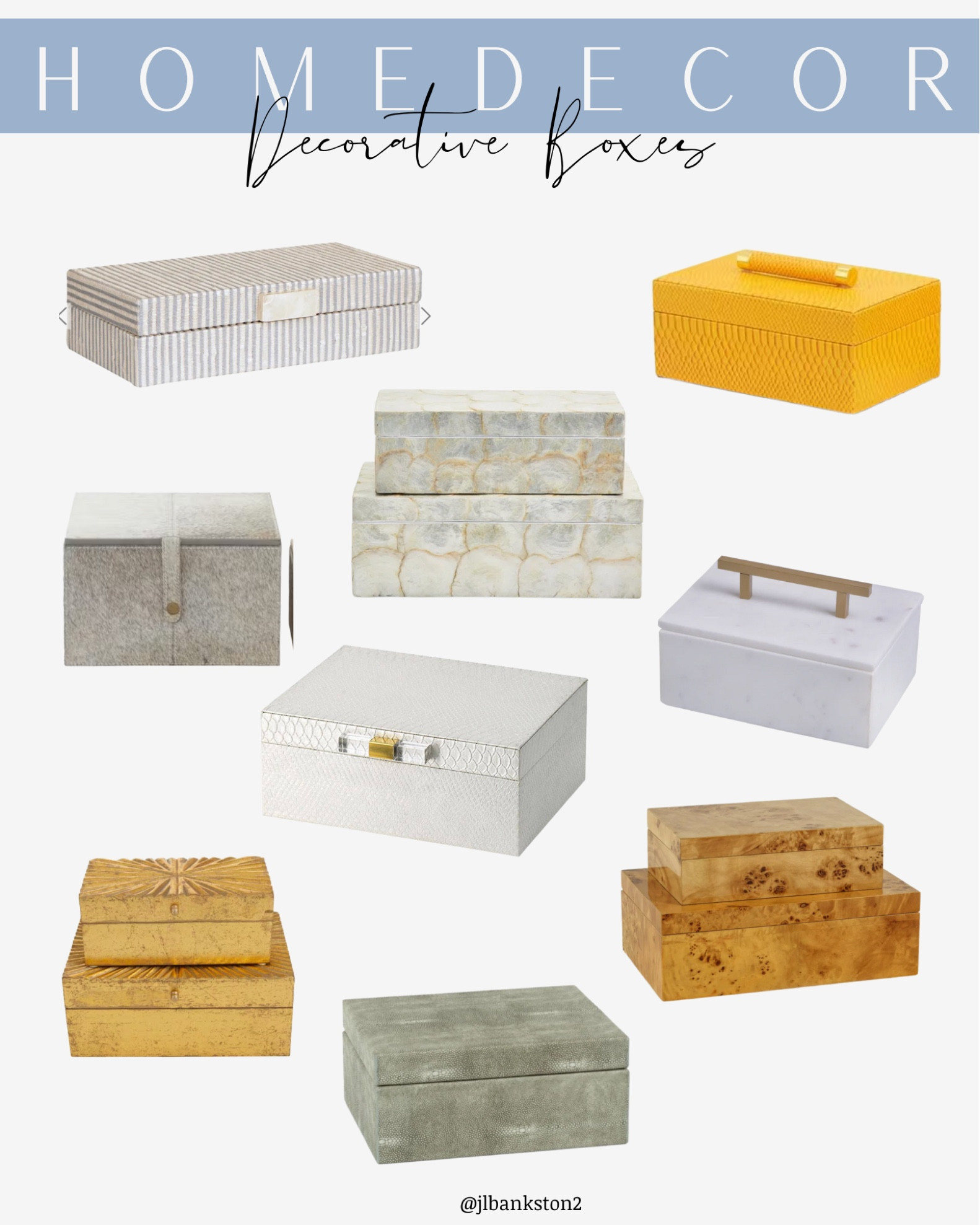 Home Decor- decorative boxes 

Perfect addition to any space in the house! On the coffee table, console table, nightstand, built-ins or desk

I have one in the living room to put the tv controllers and misc items in 

Coastal inspo, chic, shells, striped, wood, python, snakeskin, burl wood, faux fur, neutral decor, modern

#LTKhome