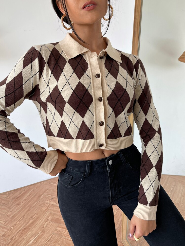 SHEIN Argyle Pattern Crop Cardigan | SHEIN