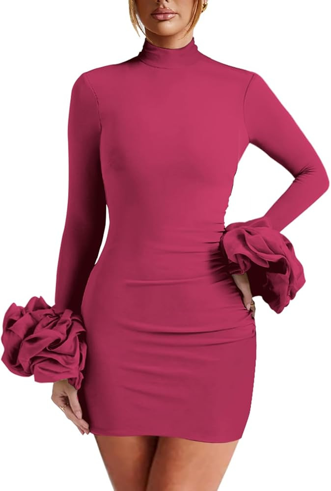 Women Long Puff Sleeve Mini Dress, Ruched Bodycon Mock Neck, Sexy Cocktail Party Dress | Amazon (US)