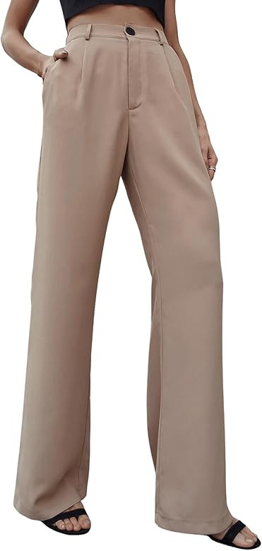 SweatyRocks Women's Casual Wide Leg High Waisted Button Down Straight Long Trousers Pants | Amazon (US)