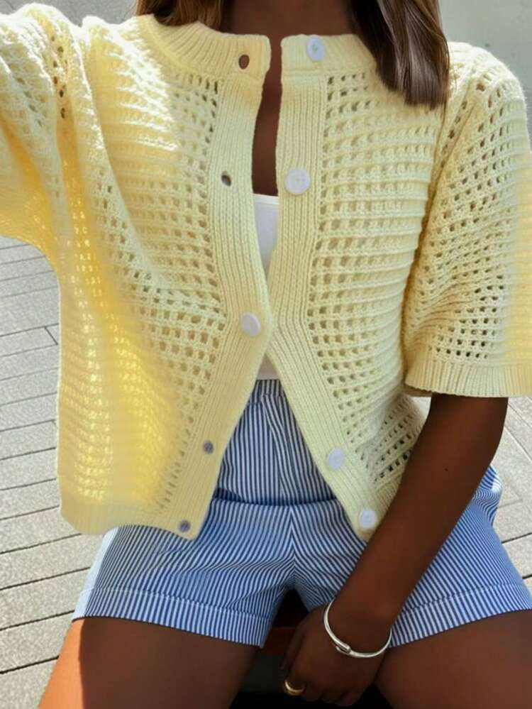 FOR BEAUTY Summer New Round Neck Short Sleeve Knit Cardigan, Women Loose Hollow Thin Button Cream Yellow Top, Casual Versatile, Suitable For Street Shopping, Daily Leisure, Outing, Graduation Ceremony, Party Spring | SHEIN