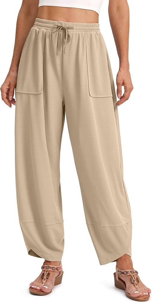 SANTINY Wide Leg Pants Woman Baggy Lightweight Waffle Knit Casual Drawstring Elastic Waisted Pala... | Amazon (US)
