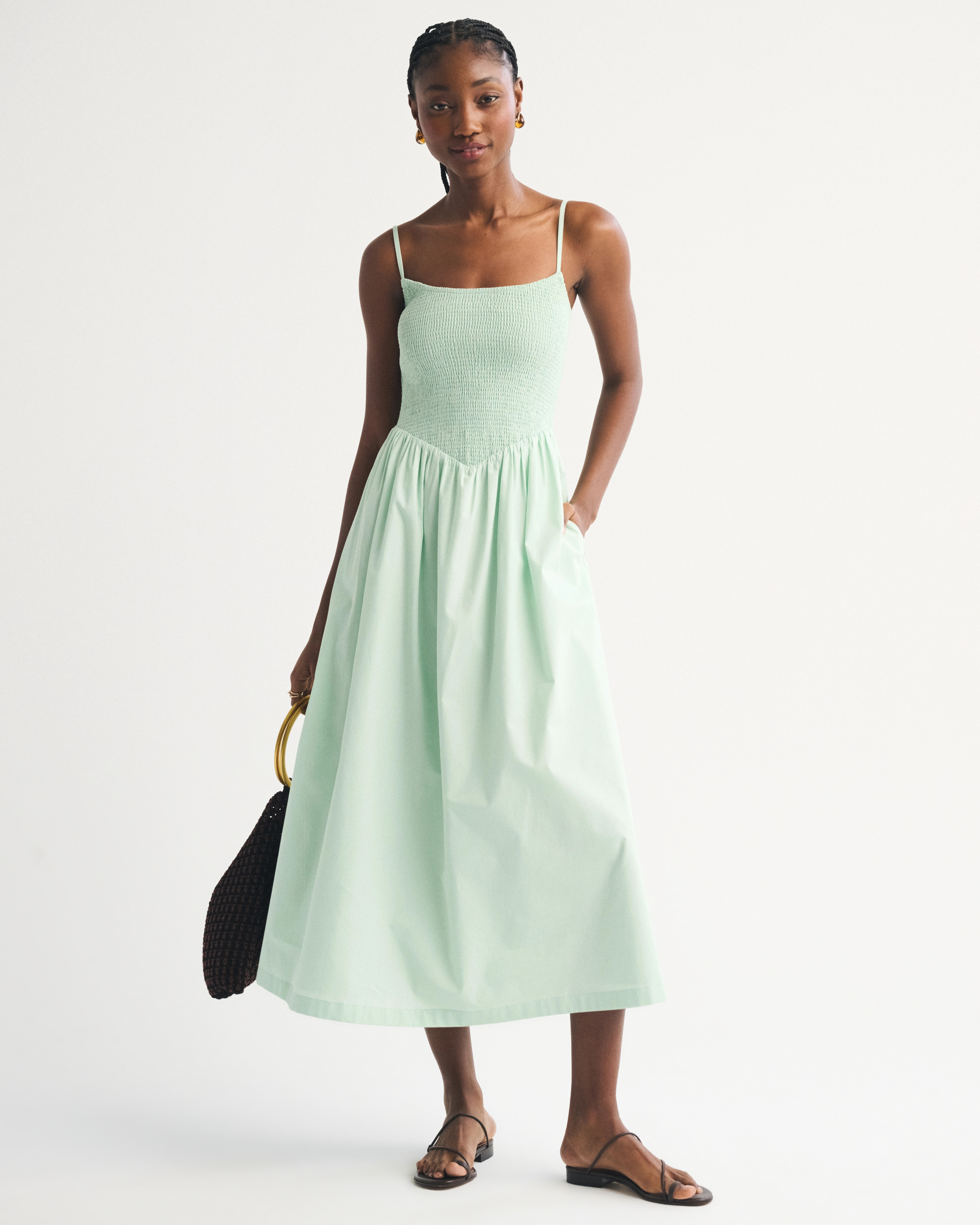 A&F Sydney Smocked Dipped-Waist Midi Dress | Abercrombie & Fitch (US)