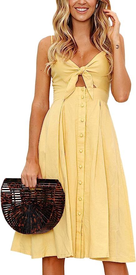 ECOWISH Womens Dresses Summer Tie Front V-Neck Spaghetti Strap Button Down A-Line Backless Swing ... | Amazon (UK)