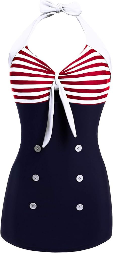 Ekouaer Womens Vintage Striped One Piece Swimsuit Monokini Bathing Suit Boyshort Swimwear | Amazon (US)