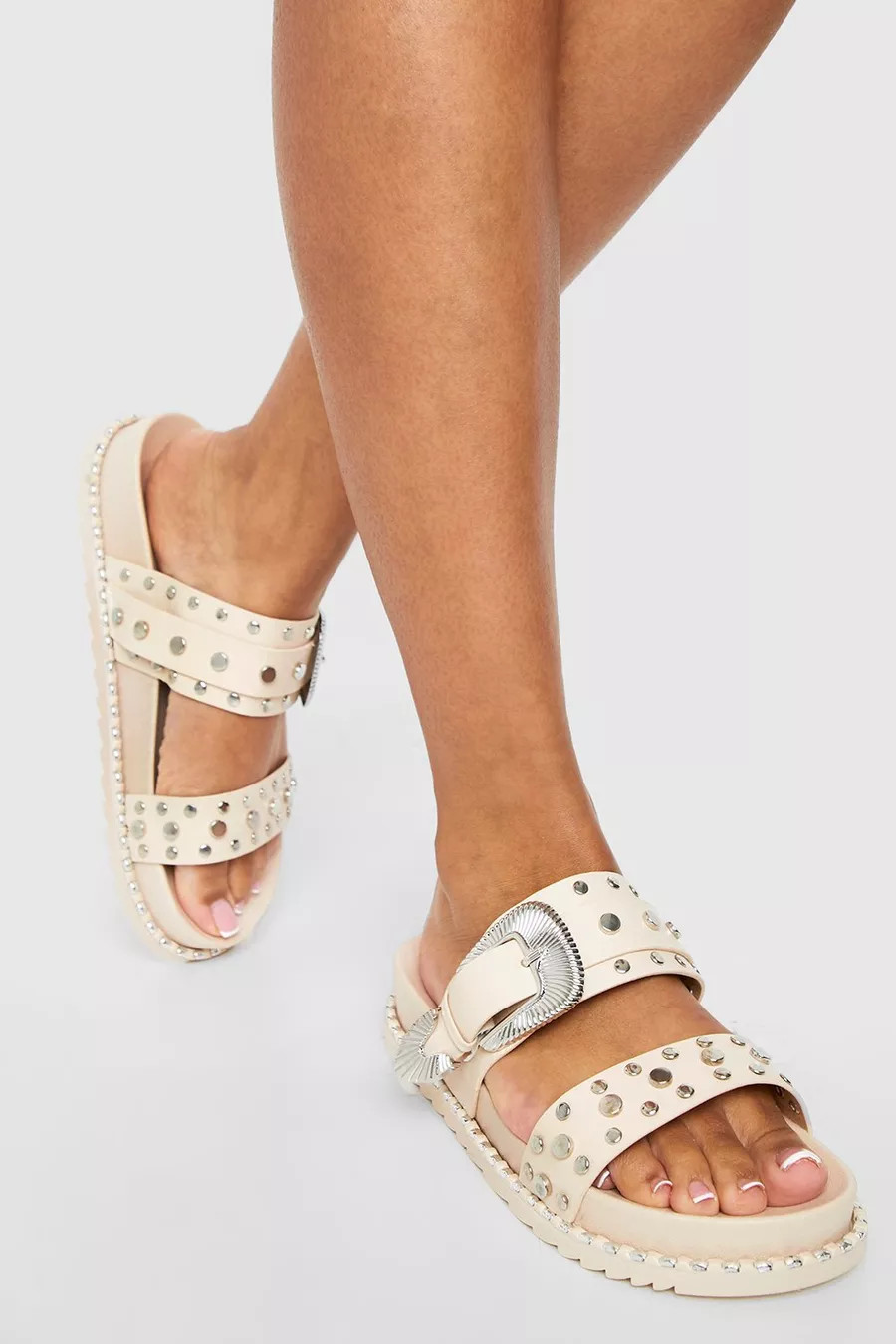 Wide Fit Stud Detail Western Double Strap Slider | Boohoo.com (NL)