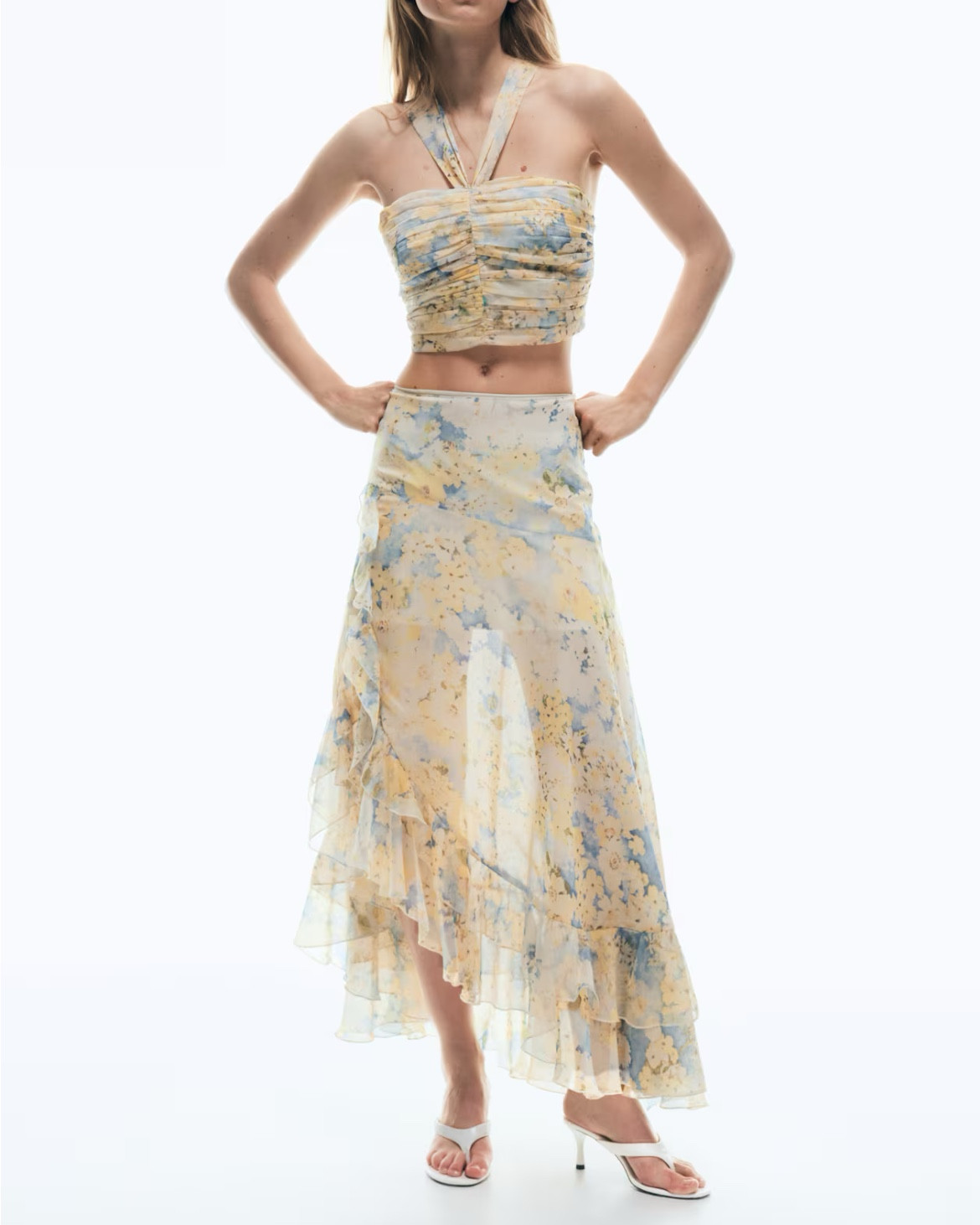 Blue and yellow floral halter top and midi skirt matching set 

#LTKSeasonal