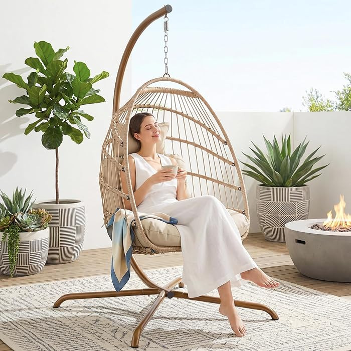 NICESOUL Hanging Egg Chair with Stand Indoor Outdoor, Comfy Patio Rattan Swing Hammock Chairs wit... | Amazon (US)