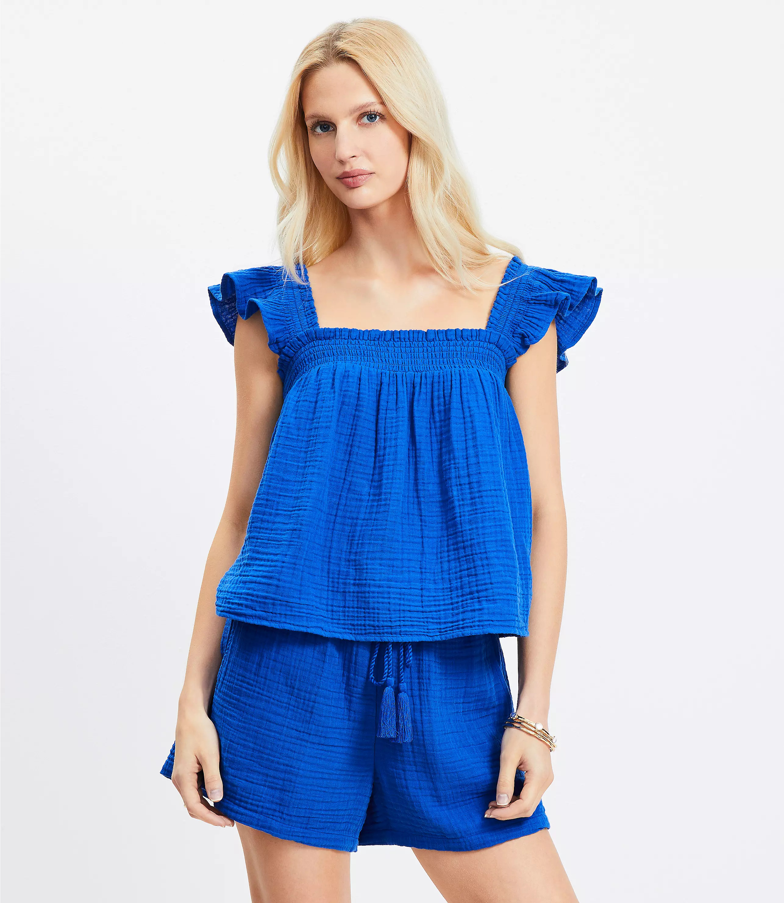 LOFT Beach Triple Cloth Ruffle Strap Top | LOFT