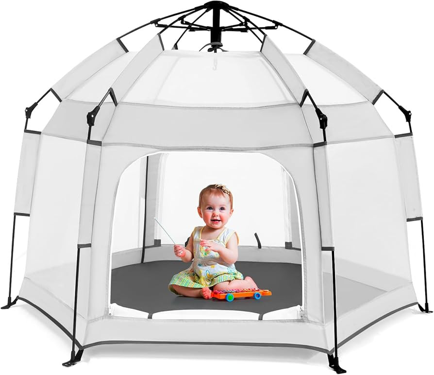 Baby Playpen with Canopy, Portable Baby Beach Tent, Toddler Play Yard Indoor and Outdoor, Foldable Mosquito Net for Infant - White | Amazon (US)
