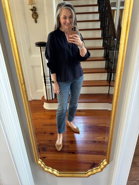 Chico’s navy top and girlfriend jeans. Last year, but I’ve linked similar for this year. Birdies flats are true to size. I always grab for my Chico’s jeans! #bluetop #jeans #over50style 

#LTKover40 #LTKsalealert #LTKstyletip