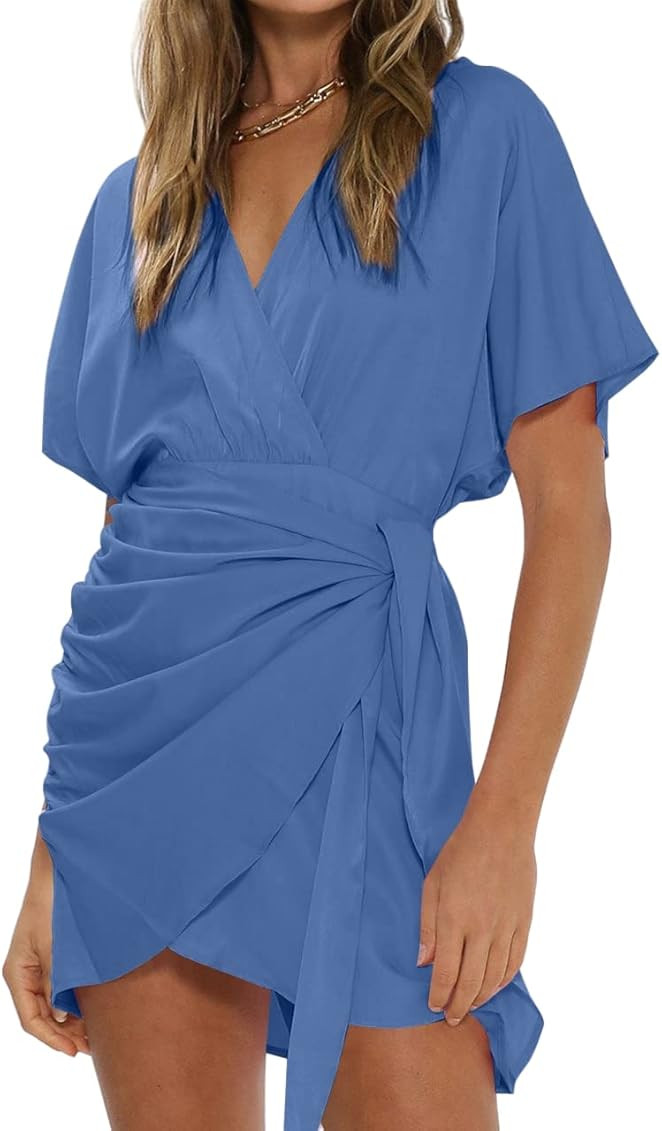 NERLEROLIAN Women's Wrap Dress Casual Relaxed Sleeve Side Tie Waist Crossover V Neck Mini Dresses | Amazon (US)