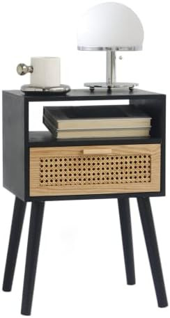 MaxSmeo End Table with Storage Mid Century Nightstand with Rattan Drawer and Shelf, Wood Small Si... | Amazon (US)