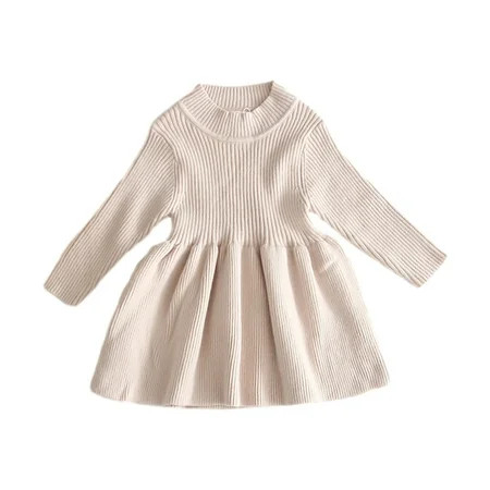 AherBiu Toddler Baby Girls Sweater Dress Long Sleeve Crewneck Pleated Ruffle Knitted Short Dresse... | Walmart (US)
