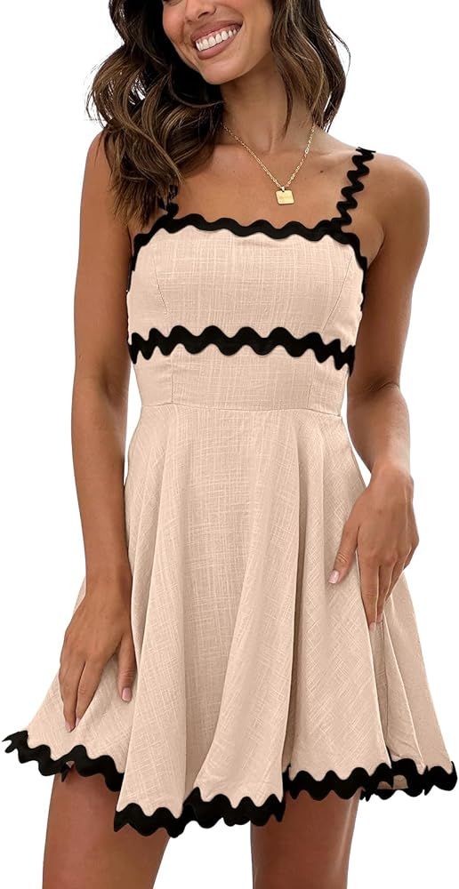 Senllen Summer Dresses for Women 2024 Casual Square Neck A-line Sundress with Rickrack Straps Sle... | Amazon (US)